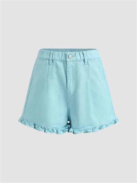 solid ruffle trim shorts|More.